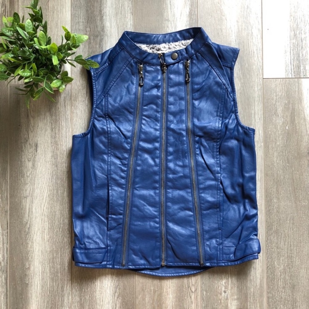 Blue Faux Leather Moto Vest